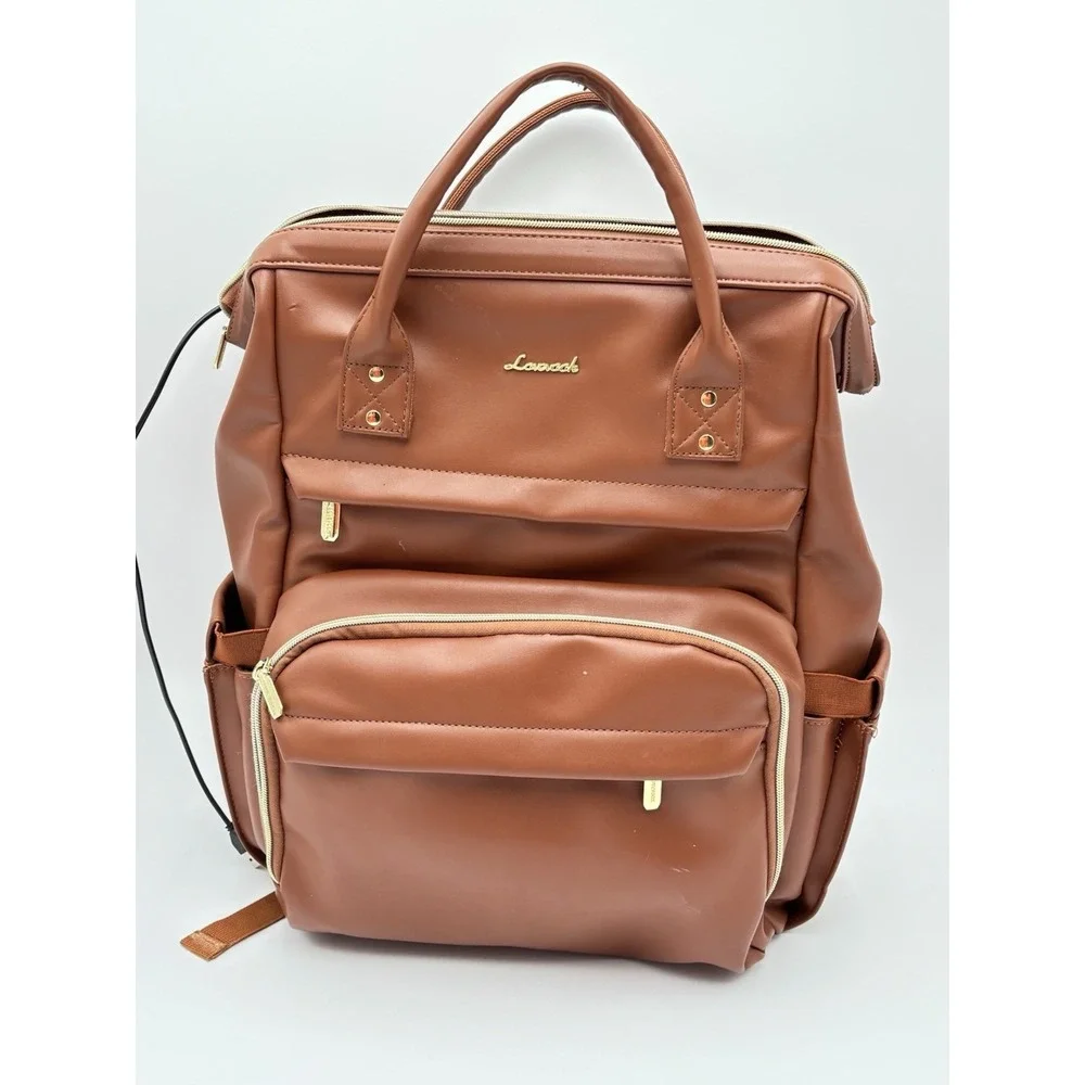 LOVEVOOK Brown Faux Leather Laptop Backpack USB Work Travel‎ Bag Multi Pocket